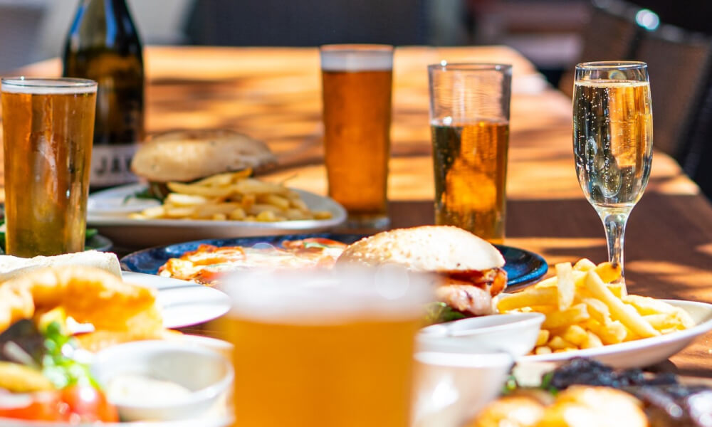Pub meals and drinks on table