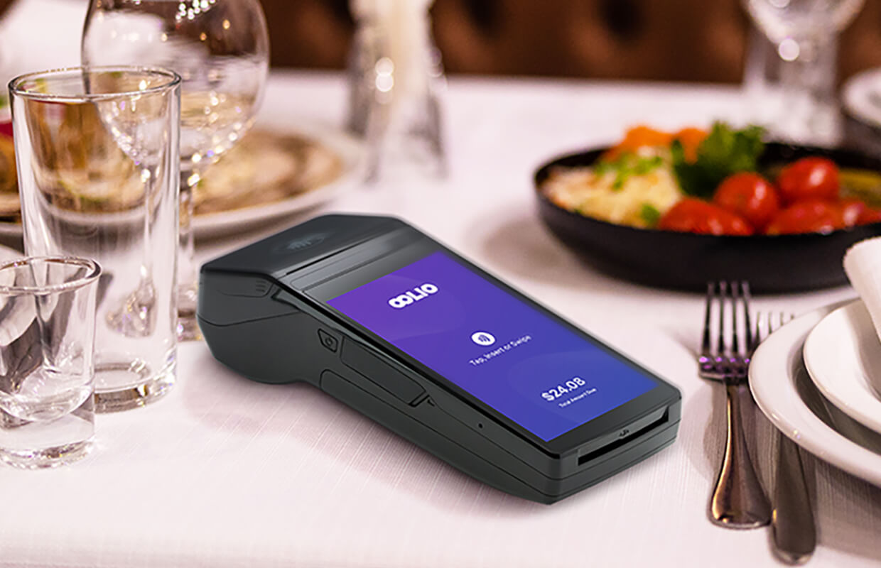 Oolio payment terminal on a restaurant table
